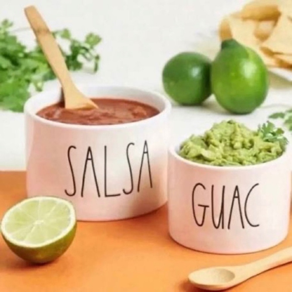 Rae Dunn Guac and‎ Salsa Ceramic Bowl Set with Bamboo Spoons 4pc FabFitFun NEW